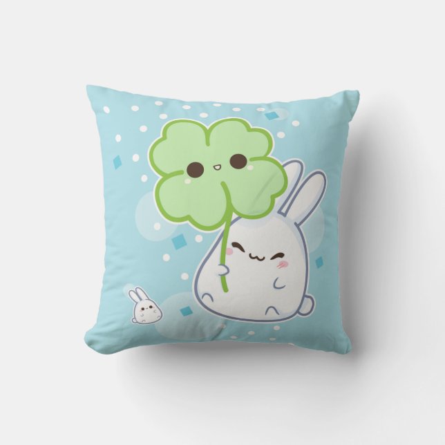Cute white bunny with kawaii clover cushion (Front)