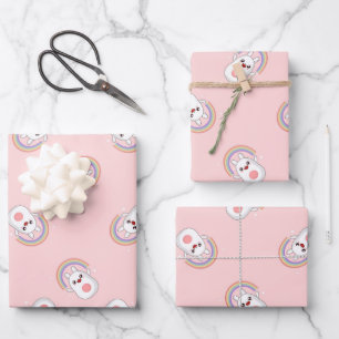 Cute white bunny with rainbow pattern pink wrapping paper sheet