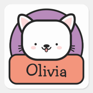 Cute White Cartoon Cat Personalised  Square Sticker
