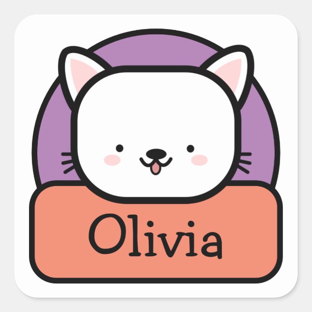 Cute White Cartoon Cat Personalised  Square Sticker (Front)