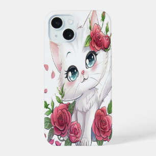 Cute White Cartoon Cat with Roses iPhone Case