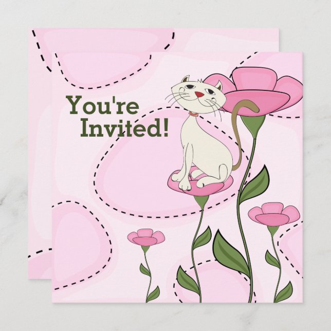 Cute White Cat and Pink Flowers Birthday Invitation (Front/Back)