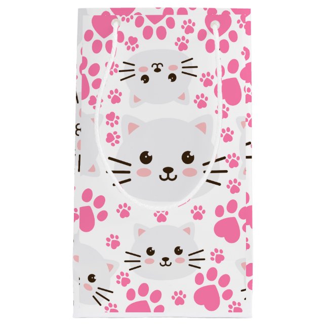 Cute White Cat and Pink Paw Small Gift Bag (Front)