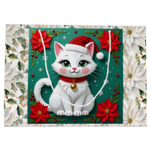 Cute White Cat and Poinsettia Christmas Large Gift Bag