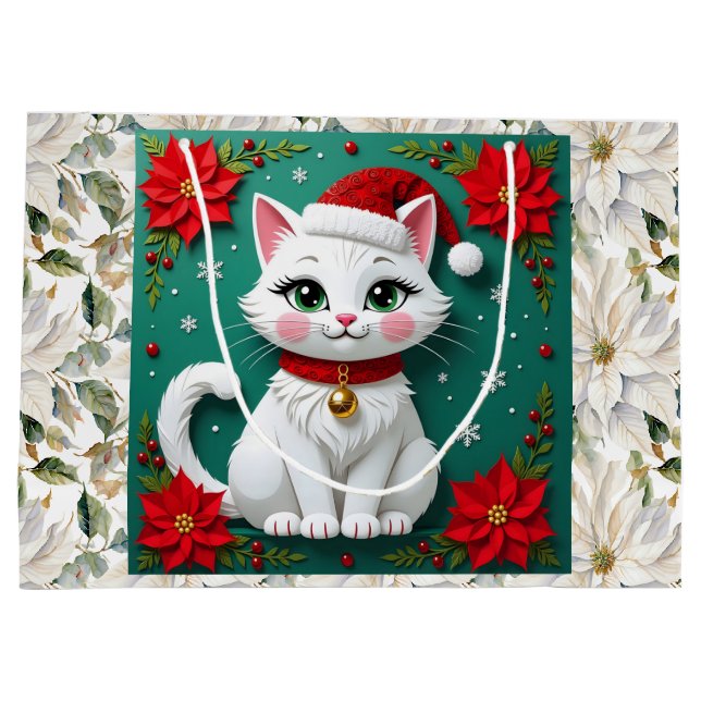Cute White Cat and Poinsettia Christmas Large Gift Bag (Back)