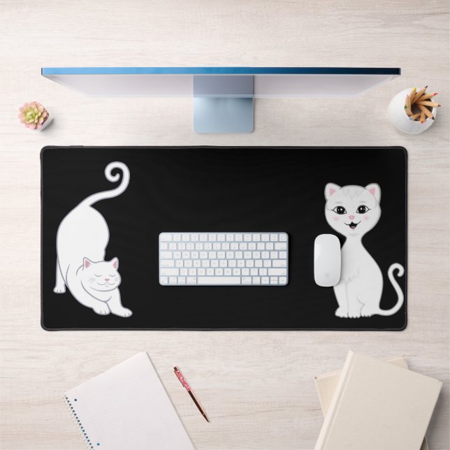 Cute White Cat Animes on Black Desk Mat (Office 1)