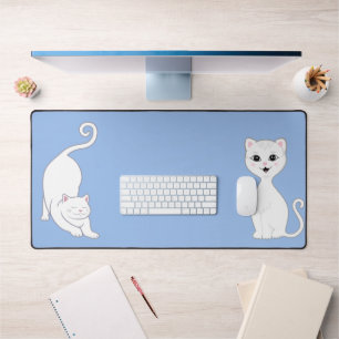 Cute White Cat Animes on Light Blue Desk Mat
