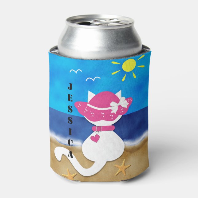 Cute White Cat Beach Theme Pink Bonnet Can Cooler (Can Front)
