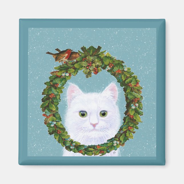 Cute White Cat Birds Christmas Wreath Snow magnet (Front)