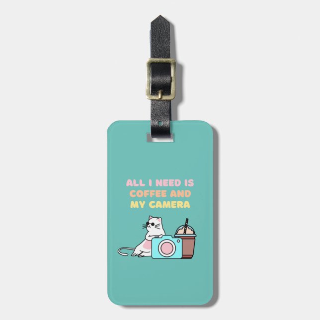 Cute White Cat & Camera Luggage Tag (Front Vertical)