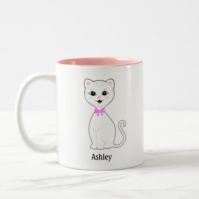 Cute White Cat Cartoon Personalised Two-Tone Coffee Mug (Left)