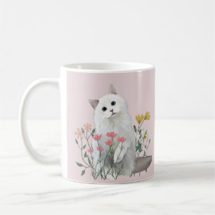 Cute White Cat Cheerful Flowers Pink Coffee Mug