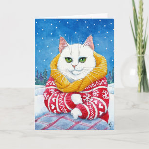 Cute White Cat Christmas or winter card