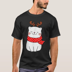 Cute White Cat Christmas Reindeer Antlers Funny Ca T-Shirt