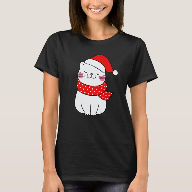 Cute White Cat Christmas Santa Hat Scarf  Cat T-Shirt (Front)