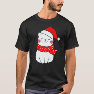 Cute White Cat Christmas Santa Hat Scarf  Cat T-Shirt