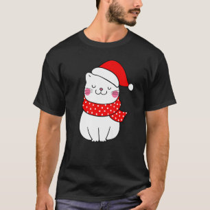 Cute White Cat Christmas Santa Hat Scarf Cat T-Shirt