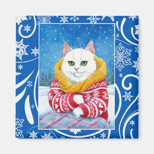 Cute white cat, Christmas winter nature Magnet