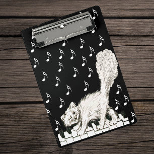 Cute White Cat Dancing on Piano Keyes Drawing Mini Clipboard