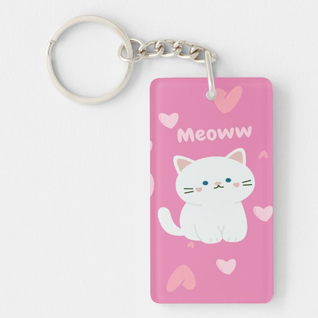 Cute White Cat Design With Pink Hearts shape Key Ring (Front)