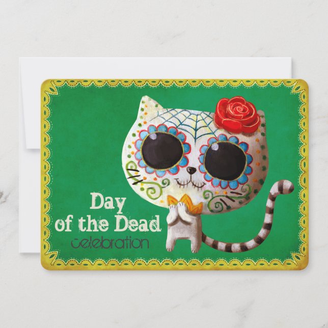 Cute White Cat Dia de Los Muertos Party Invittion Invitation (Front)