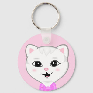 Cute White Cat Face on Light Pink Key Ring