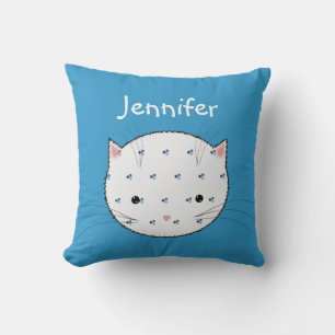 Cute White Cat Face with Blue Pattern Personalised Cushion