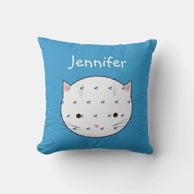 Cute White Cat Face with Blue Pattern Personalised Cushion (Front)