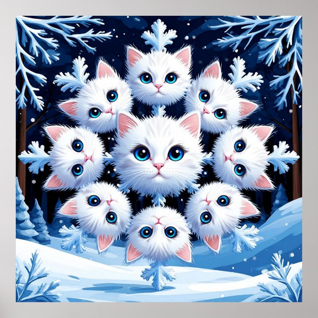 Cute White Cat Faces Arranged in a Snowflake Poster (Front)