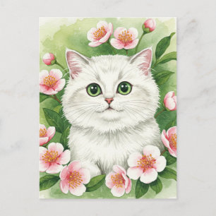 Cute White Cat Flower Wreath Watercolor Postcard