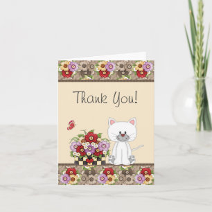 Cute White Cat, Flowers and Butterfly Thank You