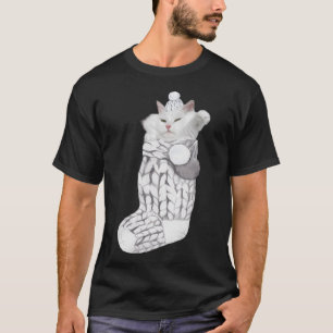 Cute White Cat Fluffy Knitted Sock Christmas T-Shirt