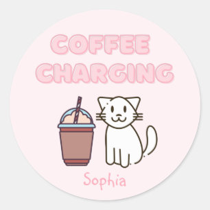 Cute White Cat&Funny Coffee Caffeine Pastel Classi Classic Round Sticker