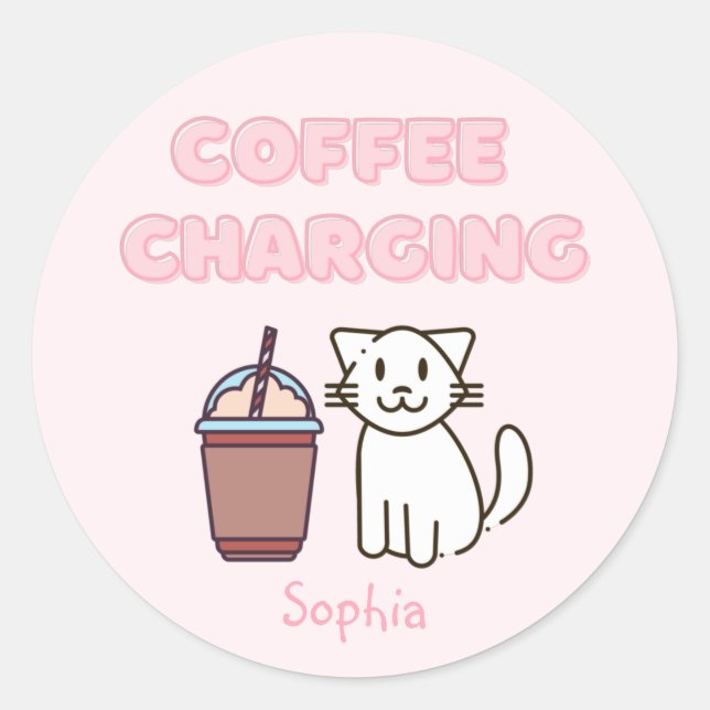 Cute White Cat&Funny Coffee Caffeine Pastel Classi Classic Round Sticker (Front)