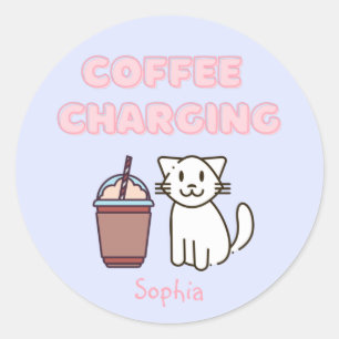 Cute White Cat&Funny Coffee Caffeine Pastel Classic Round Sticker