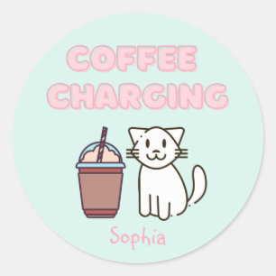 Cute White Cat&Funny Coffee Caffeine Pastel Classic Round Sticker
