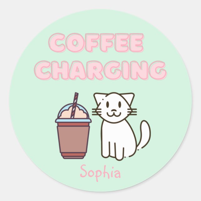 Cute White Cat&Funny Coffee Caffeine Pastel  Classic Round Sticker (Front)