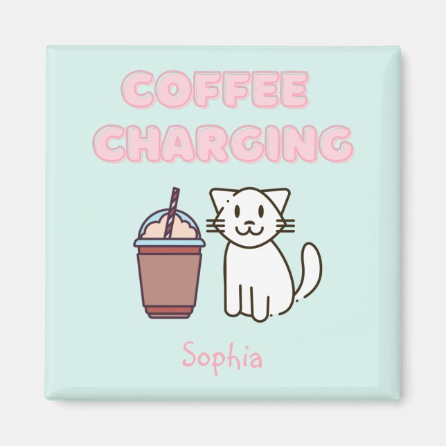 Cute White Cat&Funny Coffee Caffeine Pastel  Magnet (Front)