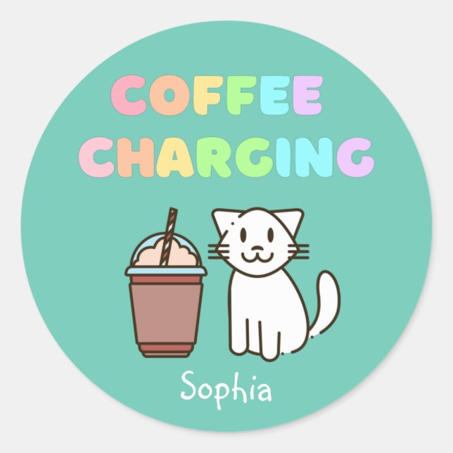 Cute White Cat&Funny Coffee Caffeine Rainbow  Classic Round Sticker (Front)