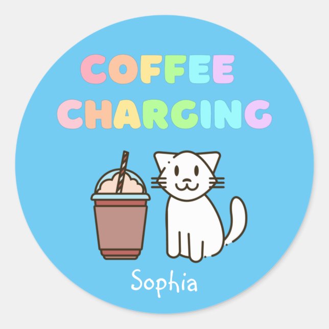 Cute White Cat&Funny Coffee Caffeine Rainbow Classic Round Sticker (Front)