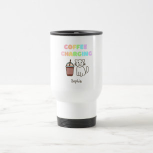 Cute White Cat&Funny Coffee Caffeine Rainbow  Travel Mug