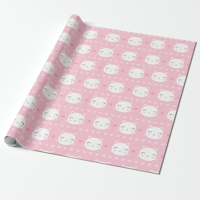 Cute White Cat Girly Pink Pattern Wrapping Paper (Unrolled)
