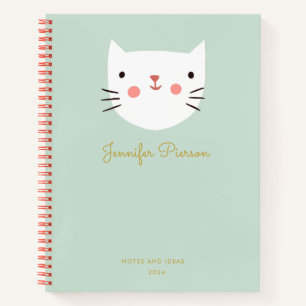 Cute White Cat Green Custom Handwritting Name  Notebook