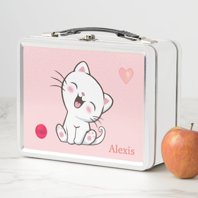 Cute White Cat & Heart on Light Pink Metal Lunch Box (In Situ)