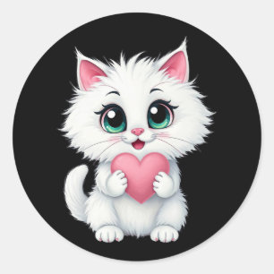 Cute White Cat Holding A Heart 1 Classic Round Sticker