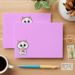 Cute White Cat Holding A Heart 1 + text Envelope