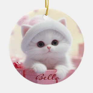 Cute White Cat in a box Christmas Personalized  Ceramic Tree Decoration