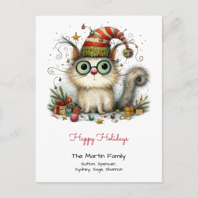 Cute White Cat in a Stocking Cap Happy Holidays Postcard (Front)