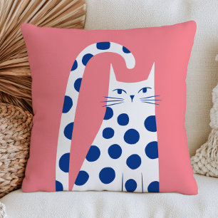 Cute White Cat in Blue Polka Dots Pastel Pink Cushion