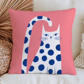 Cute White Cat in Blue Polka Dots Pastel Pink  Cushion